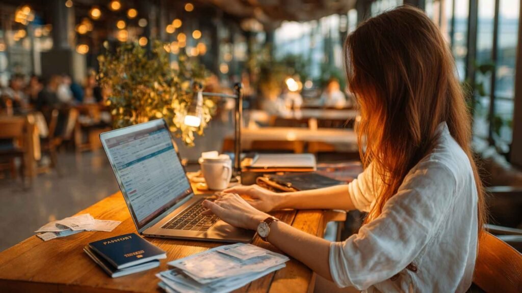 Traveler completing an online ETIAS application before traveling to Europe