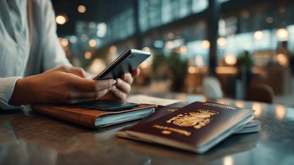 Traveler checking ETIAS and Spain Schengen visa travel requirements on a smartphone before traveling to Spain