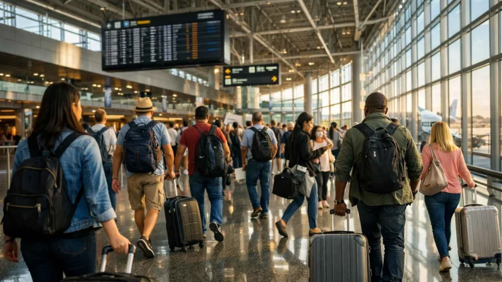 Travelers walking through a modern Europe airport arrival corridor after landing with luggage inside a large international terminal