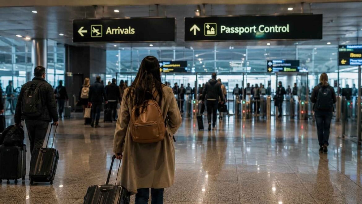 Europe Airport Arrival scene inside a modern European airport with travelers walking toward passport control and biometric eGate checkpoints