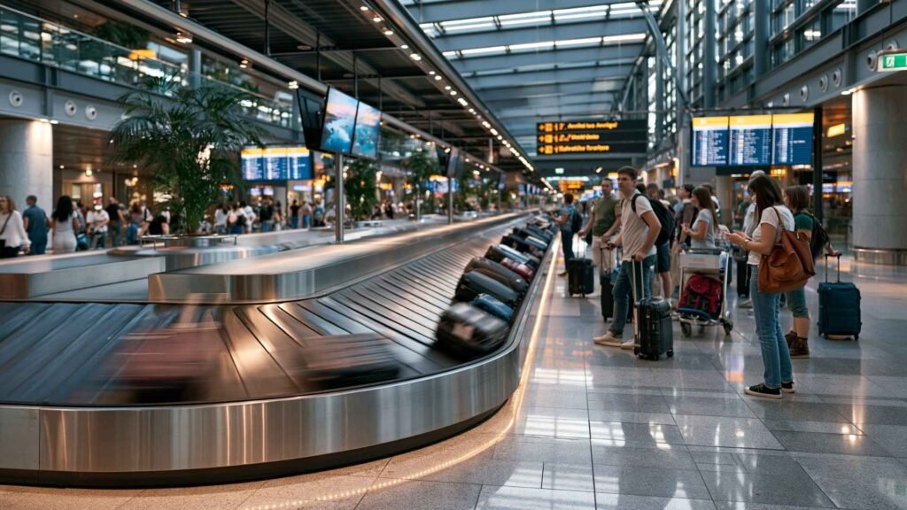 Europe airport baggage claim area with travelers waiting beside a modern luggage carousel inside a large international terminal