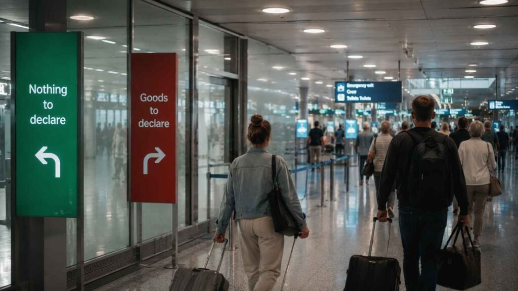 Travelers walking through green and red customs channels inside a modern European airport after landing