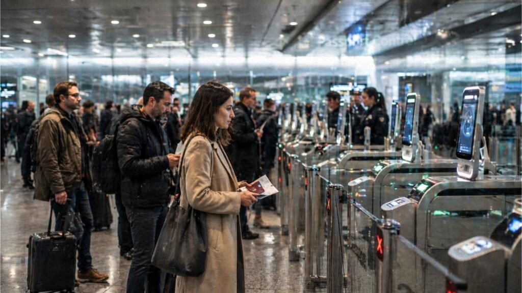 Travelers using biometric eGate passport control inside a modern European airport arrival terminal