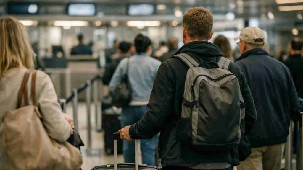 Travelers waiting in a Europe airport passport control queue with luggage after arriving from an international flight