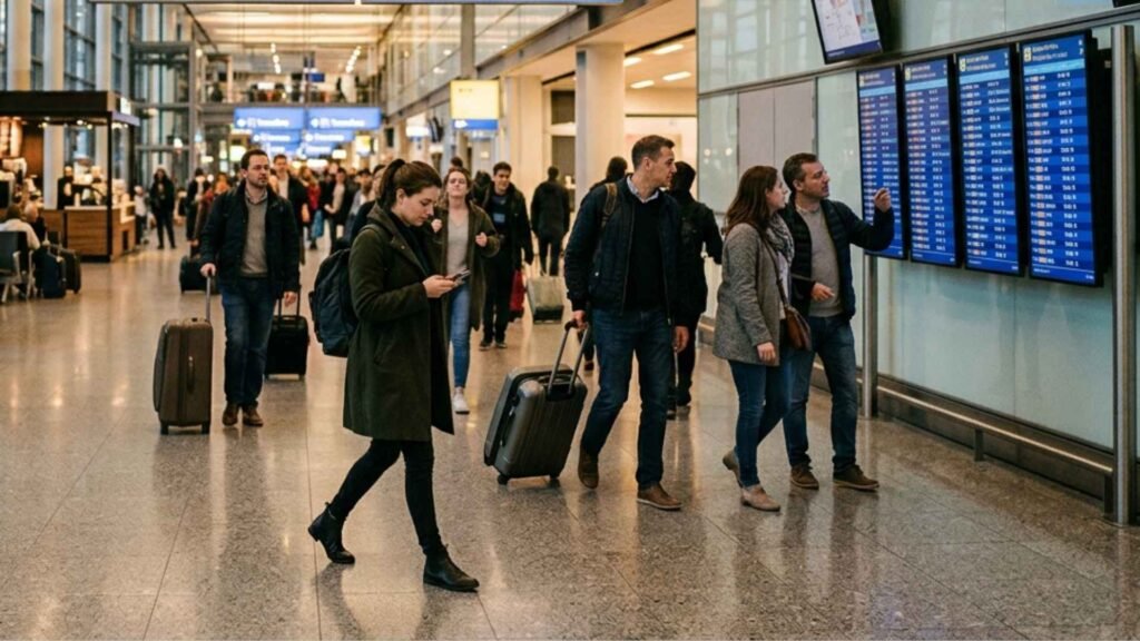 Travelers checking departure boards and walking through a Europe airport transfer corridor during connecting flights
