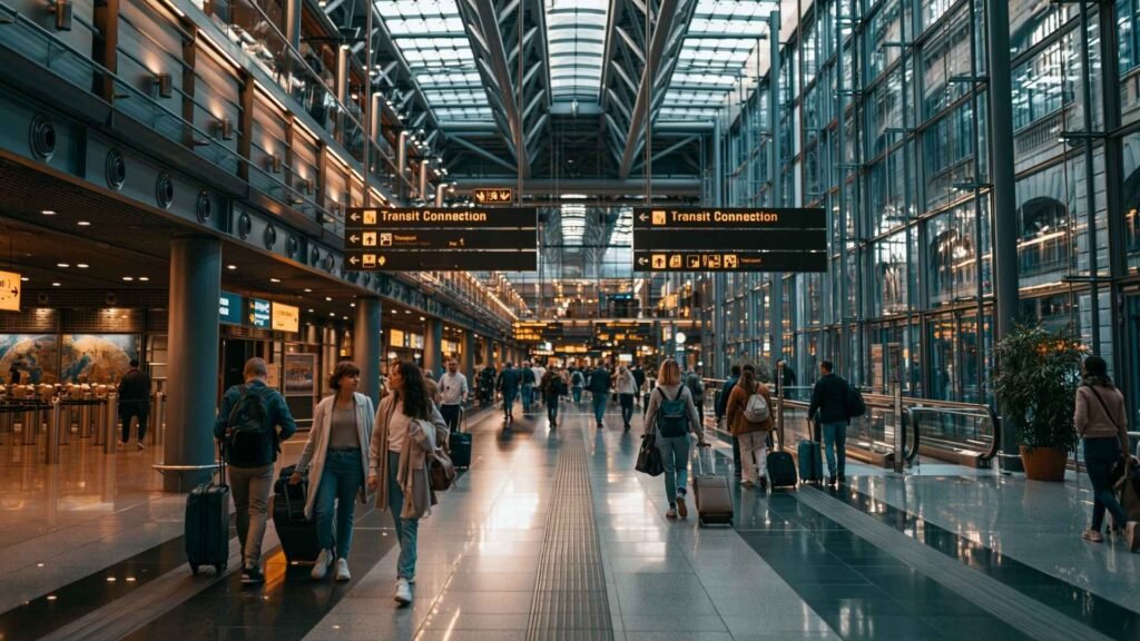 Travelers walking through the secure international airside transit area at Frankfurt Airport with transit connection signage overhead