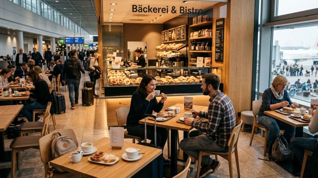 Travelers eating pastries and drinking coffee inside a bakery café at Frankfurt Airport during an international transit layover