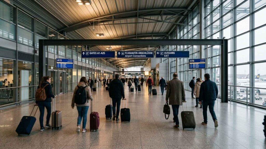 Travelers walking through Frankfurt Airport transit corridor with airport connection and gate signs