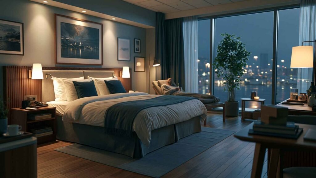 Modern airport hotel room near Frankfurt Airport designed for overnight layovers and international transit travelers