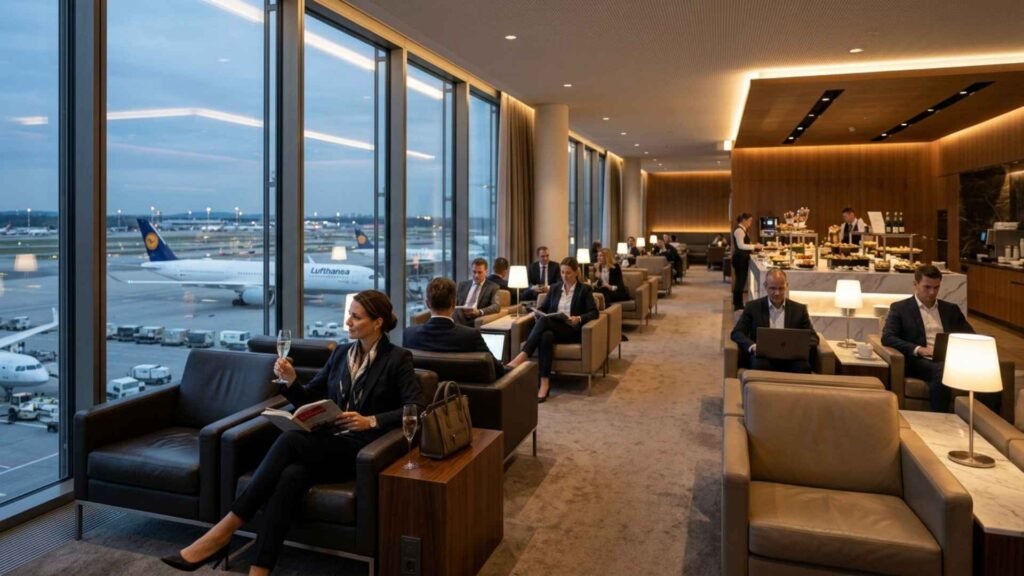 Business travelers relaxing inside a luxury airport lounge at Frankfurt Airport with runway views and premium seating areas