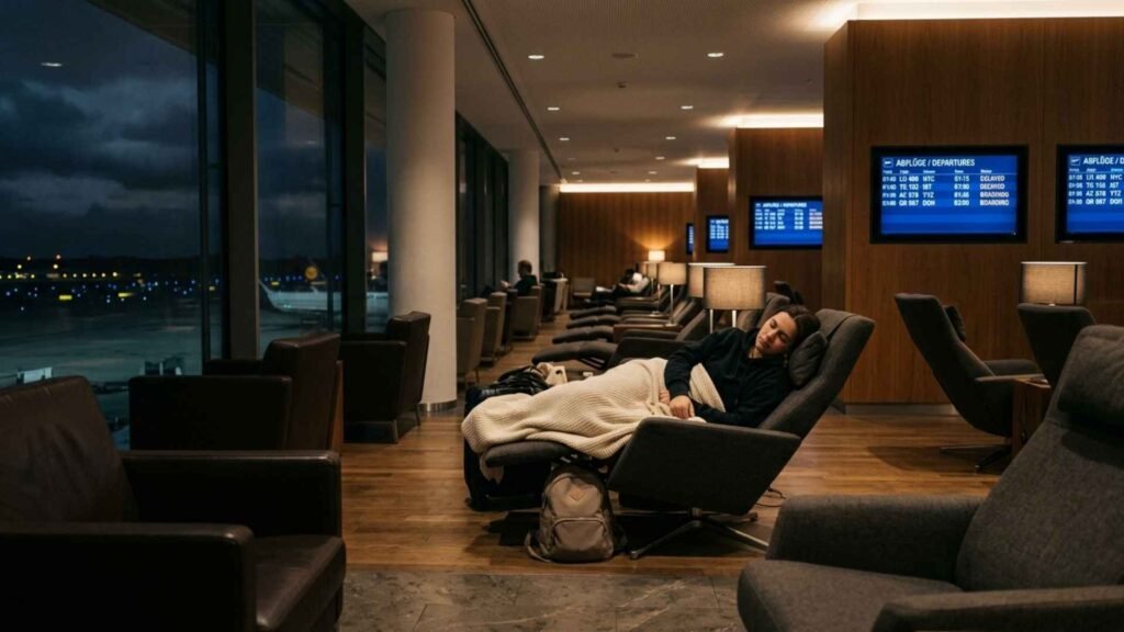 Traveler resting in an airport lounge during an overnight layover at Frankfurt Airport