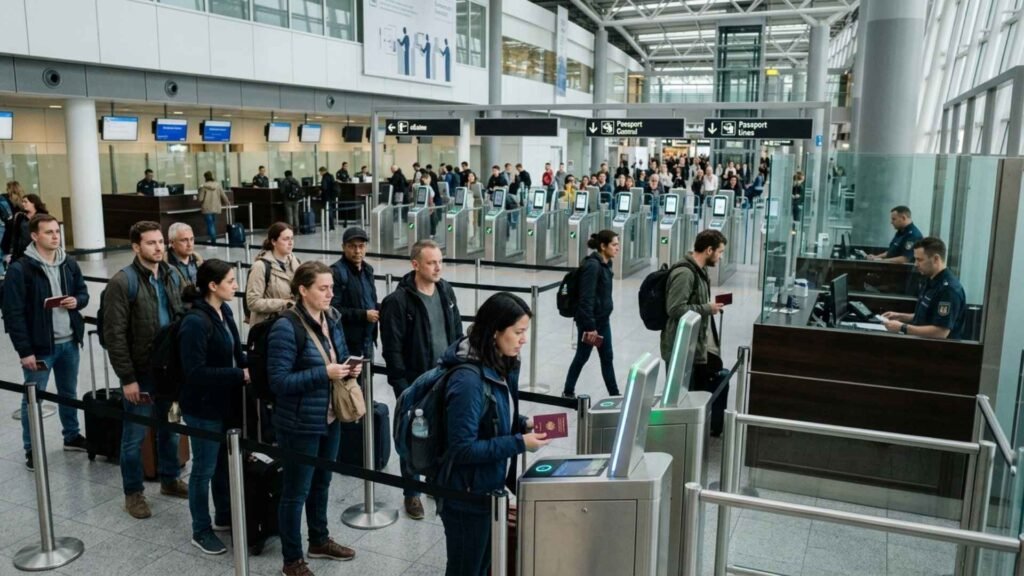 Travelers waiting at Frankfurt Airport passport control and eGate immigration checkpoints inside the international arrivals area