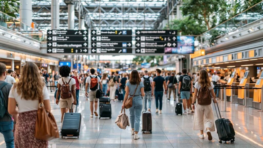 Travelers following transfer signs inside Frankfurt Airport during an international connection