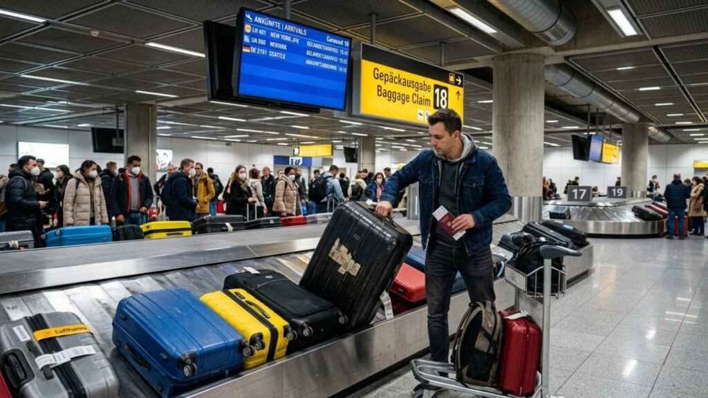 Traveler collecting luggage at Frankfurt Airport baggage claim during a self-transfer connection