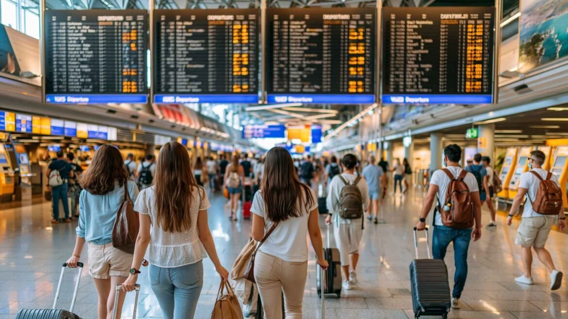 Frankfurt Airport self transfer travelers walking through a busy terminal with departure boards and luggage during an international connection