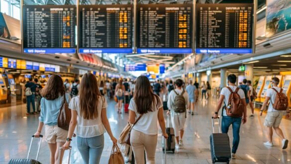 Frankfurt Airport self transfer travelers walking through a busy terminal with departure boards and luggage during an international connection