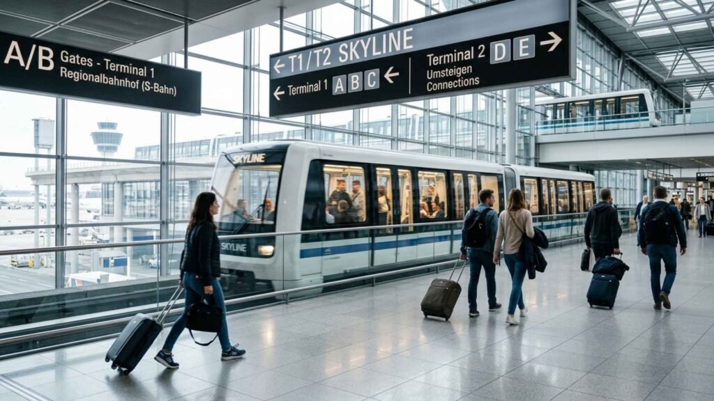Travelers using the Frankfurt Airport Skyline train transfer system between Terminal 1 and Terminal 2 inside the international transit area