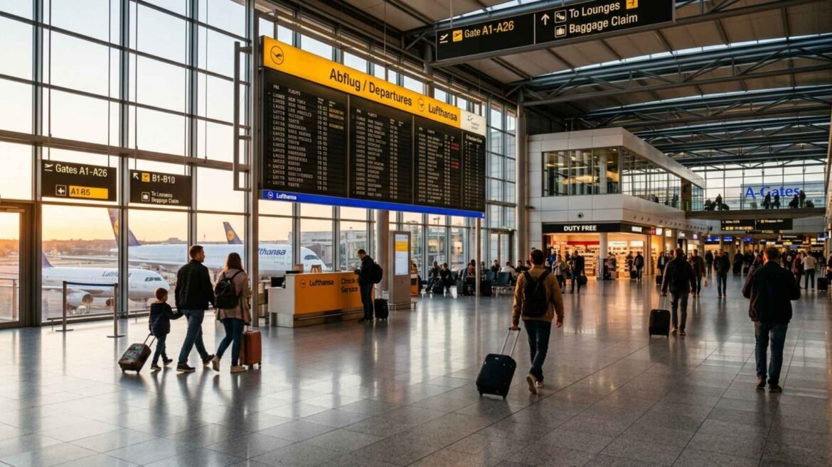 Frankfurt Airport terminal interior with Lufthansa departure boards and travelers walking through the international transit area during sunset