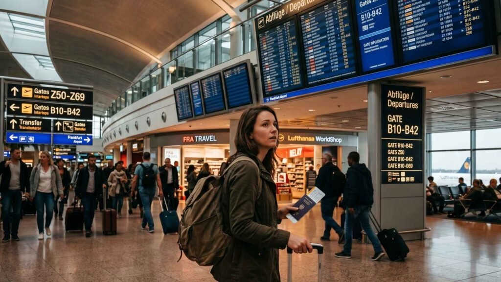 Traveler checking departure boards during a tight connection at Frankfurt Airport terminal