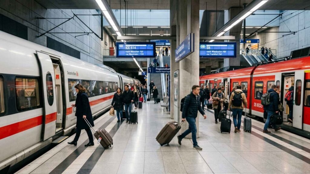 Travelers using ICE and S-Bahn train connections from Frankfurt Airport to central Frankfurt with luggage inside the airport rail station