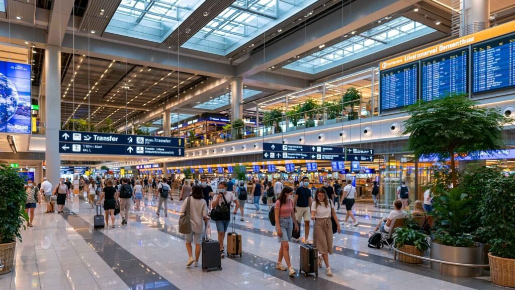 Travelers walking through a large Frankfurt Airport terminal during an international self-transfer connection