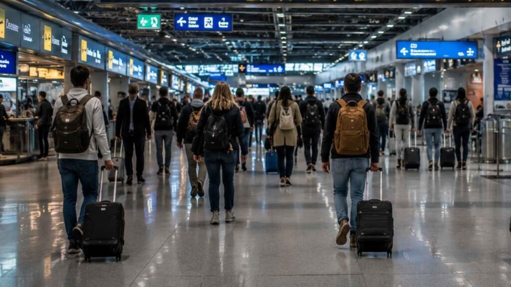 Passengers walking through a busy Frankfurt Airport international transit corridor during flight connections