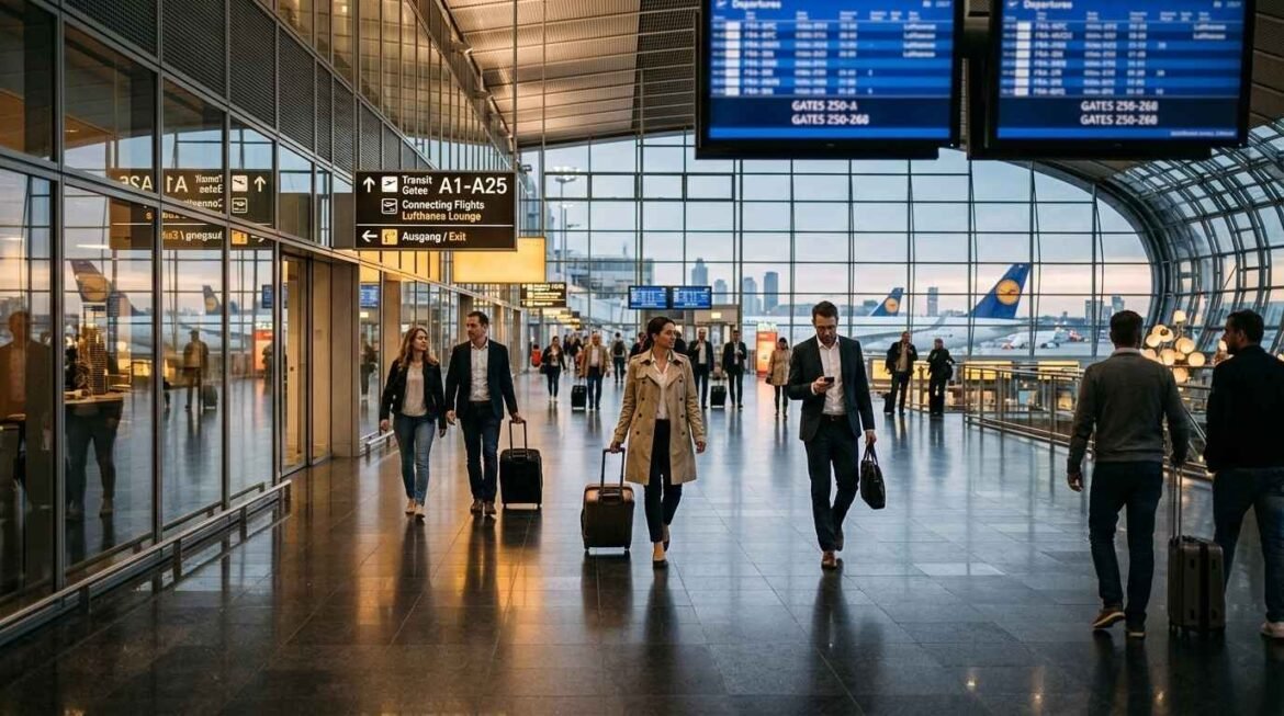 Frankfurt Airport transit passengers walking through a modern international terminal during a connection