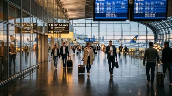 Frankfurt Airport transit passengers walking through a modern international terminal during a connection