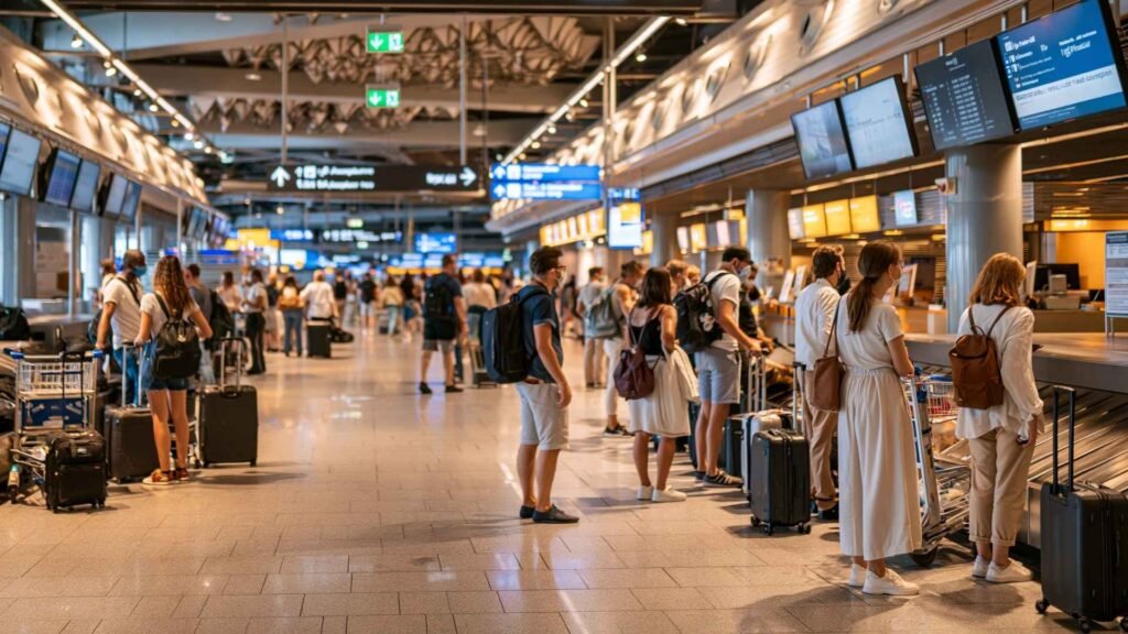 Passengers collecting luggage at Frankfurt Airport baggage claim area during a self-transfer connection