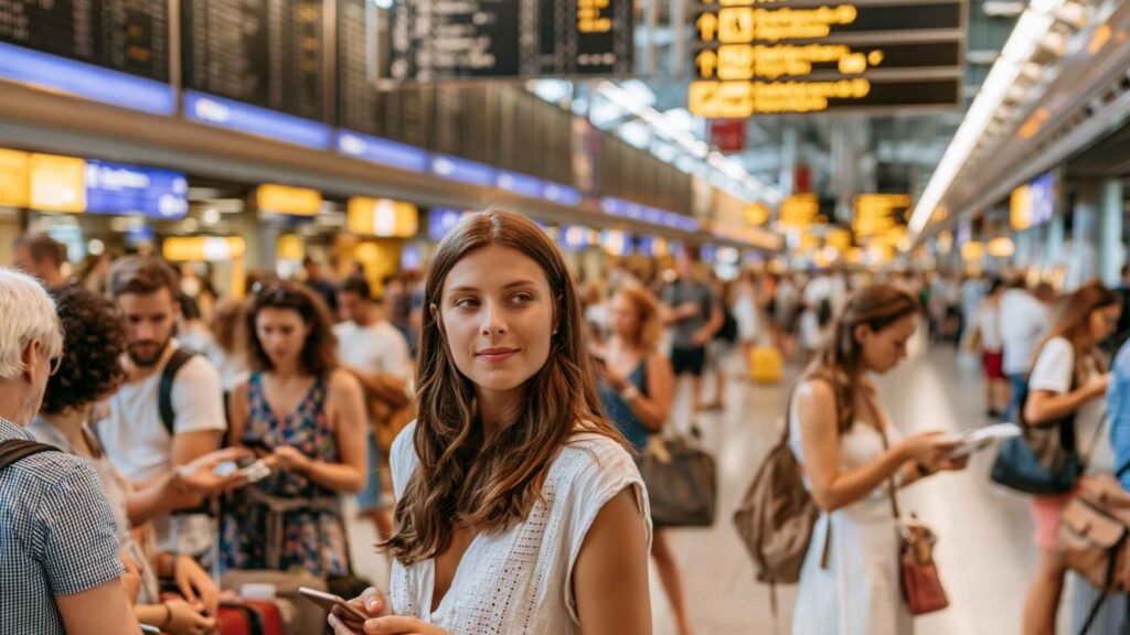 Travelers checking phones and departure boards during a busy Frankfurt Airport self transfer connection.