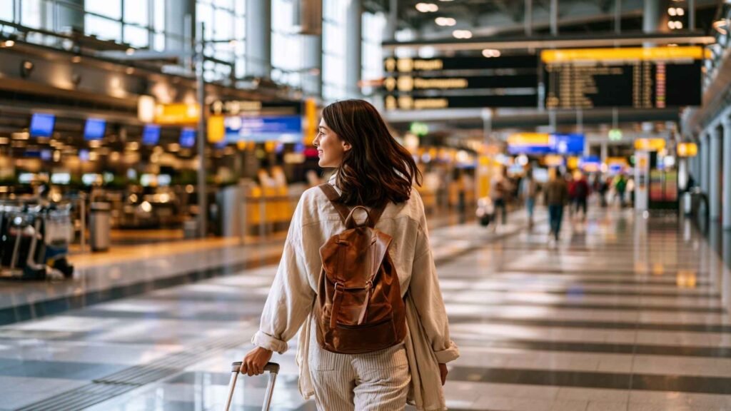 Traveler walking through Frankfurt Airport with luggage during an international self-transfer connection process
