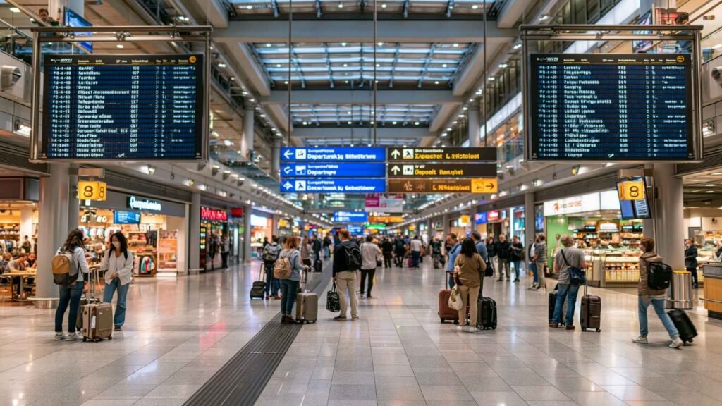 Travelers with luggage inside Frankfurt Airport checking departure boards and transfer signs during a self-transfer connection