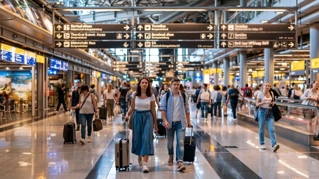 Travelers walking through Frankfurt Airport terminal beneath large direction signs during a terminal transfer