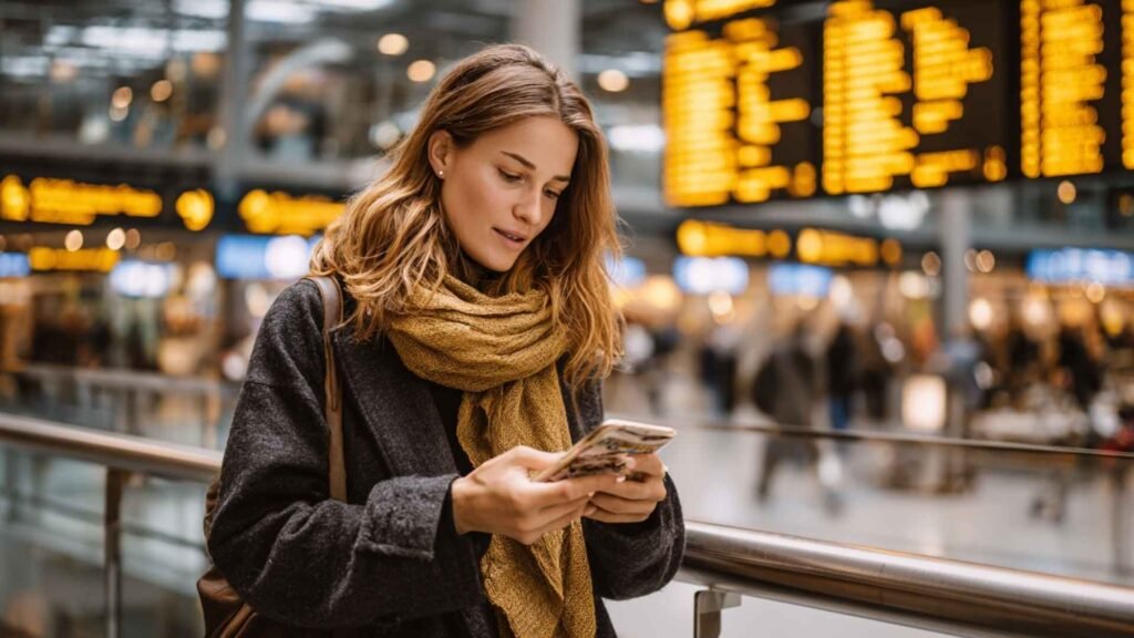 Traveler checking flight details during a Germany airport transit connection at Frankfurt Airport
