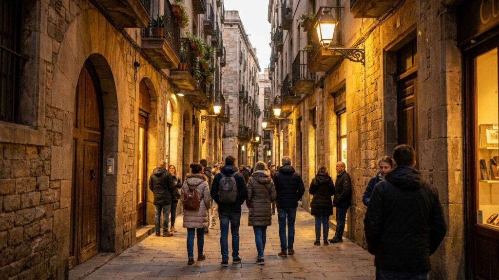 Travelers walking through narrow stone streets in Barcelona’s Gothic Quarter during the evening