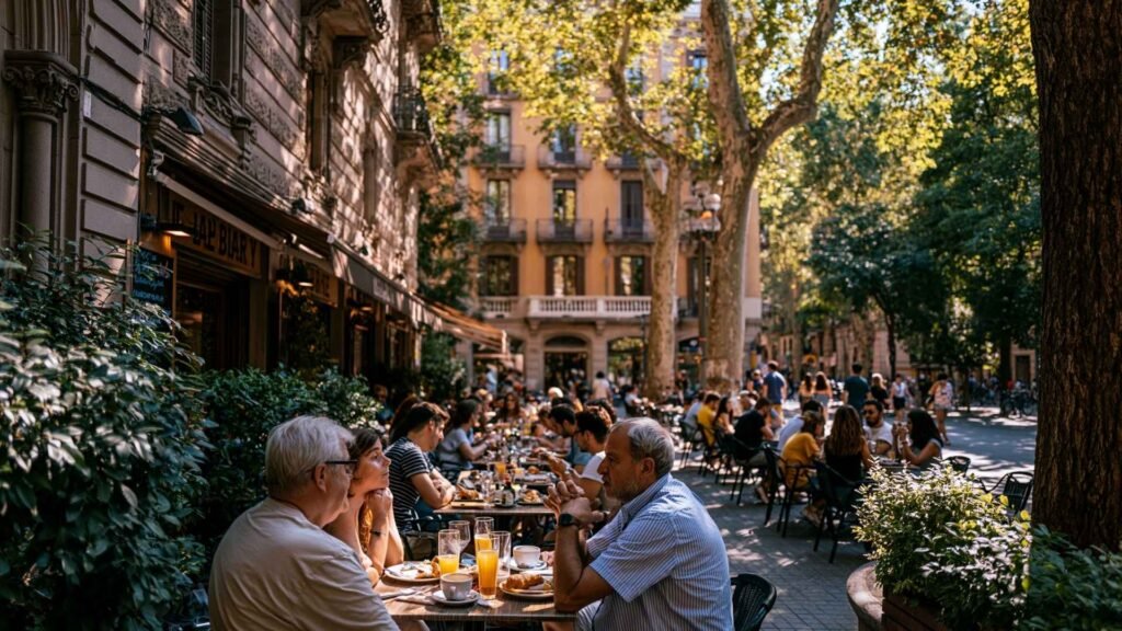 Locals enjoying breakfast at outdoor café terraces in Barcelona’s Gràcia neighborhood during a sunny morning