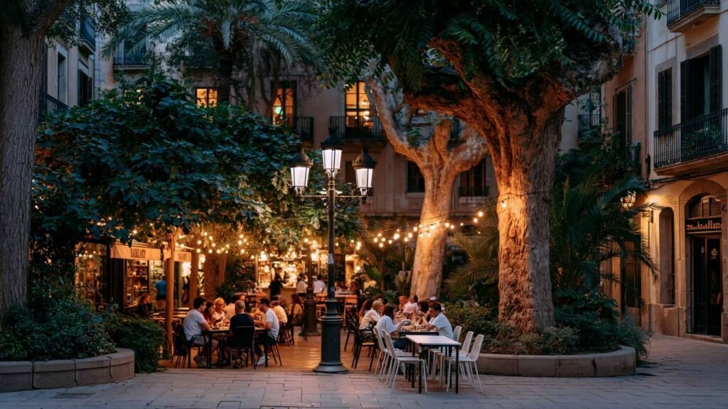 People dining outdoors beneath trees and string lights in a quiet square in Barcelona’s Gràcia neighborhood