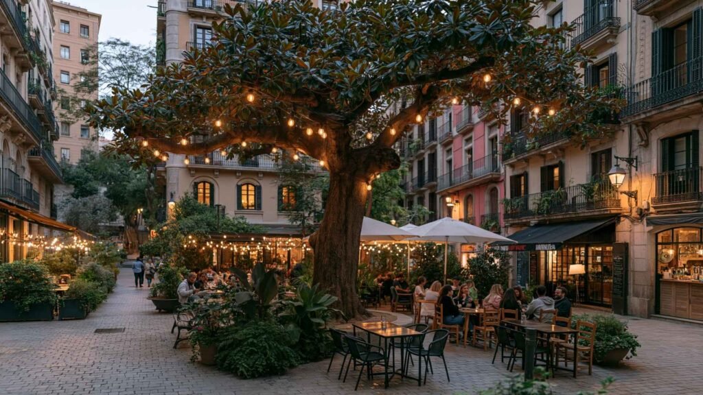 Evening atmosphere in Gràcia Barcelona with local cafés, outdoor dining, string lights, and relaxed neighborhood lifestyle