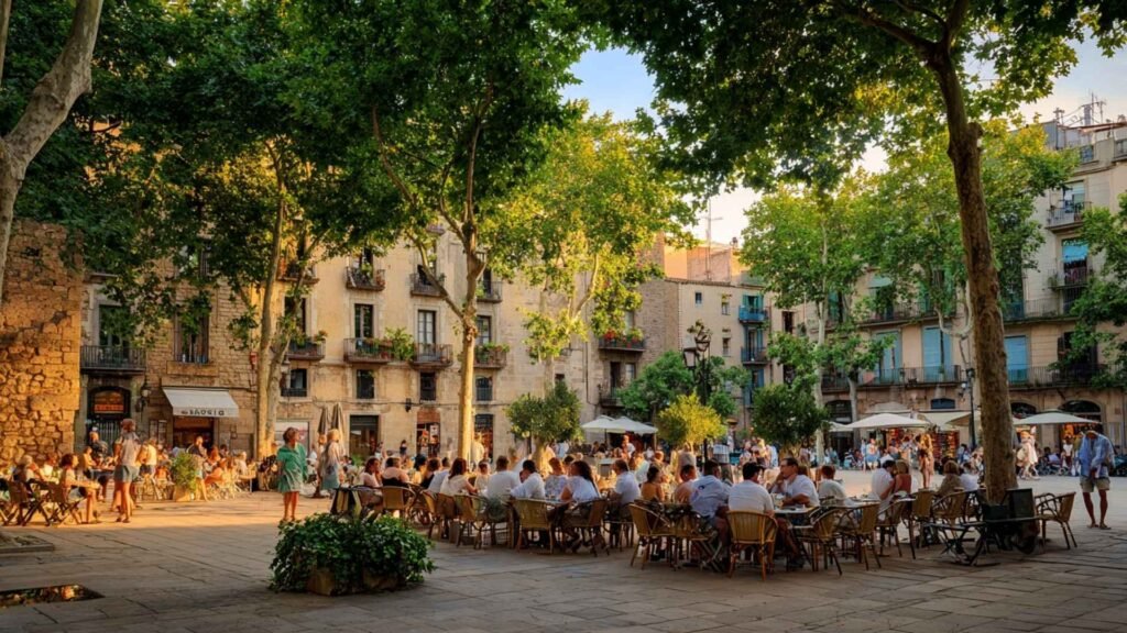 Locals dining outdoors in Plaça de Gràcia during a warm summer evening in Barcelona