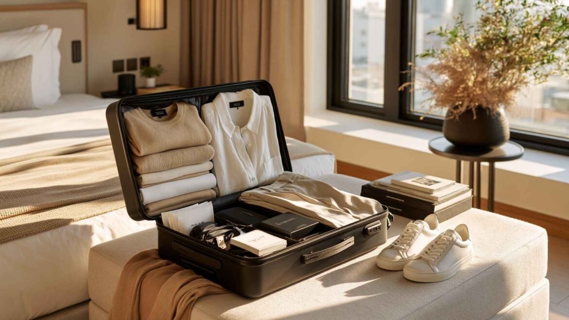 How to pack light for 7 days using a minimalist capsule wardrobe inside a neatly organized carry-on suitcase in a luxury hotel room