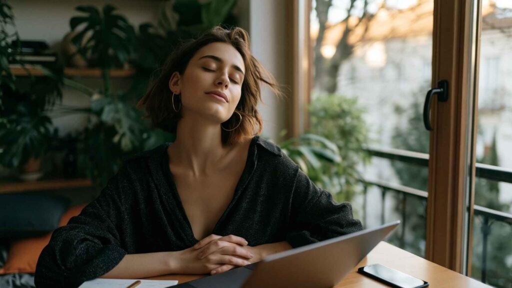 Young woman taking a mindful break from screens while working at a calm home workspace