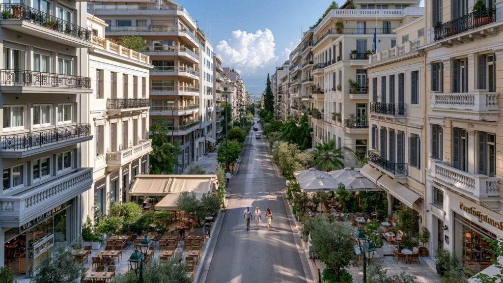 Kolonaki neighborhood in Athens featuring premium apartment buildings, upscale cafés, and elegant residential streets