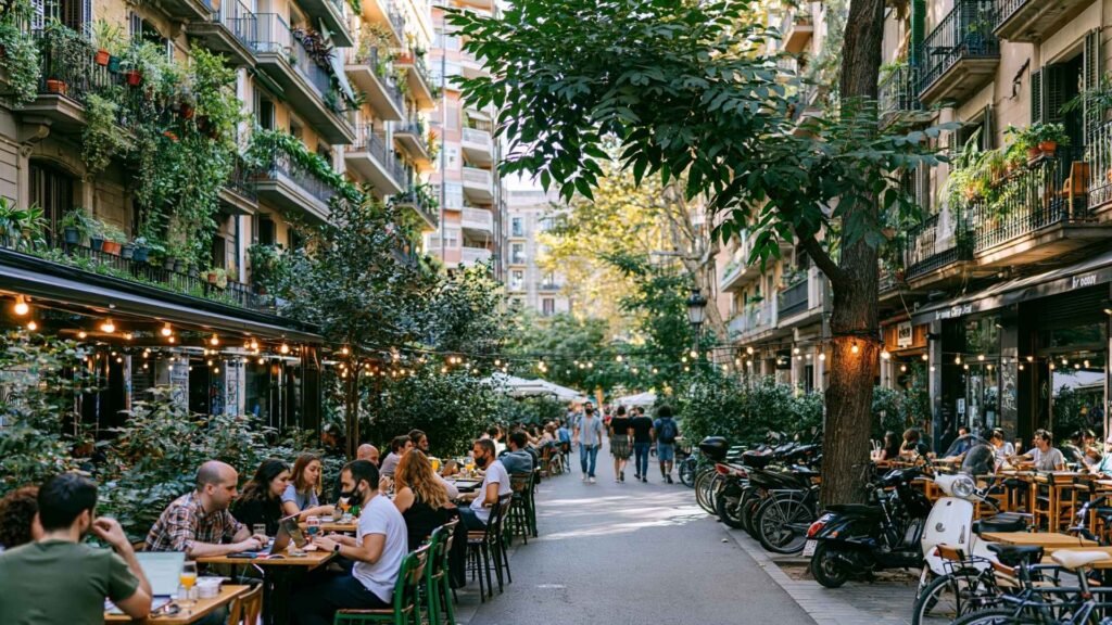Koukaki neighborhood in Athens showing cafés, outdoor seating, apartment buildings, and a popular expat-friendly atmosphere