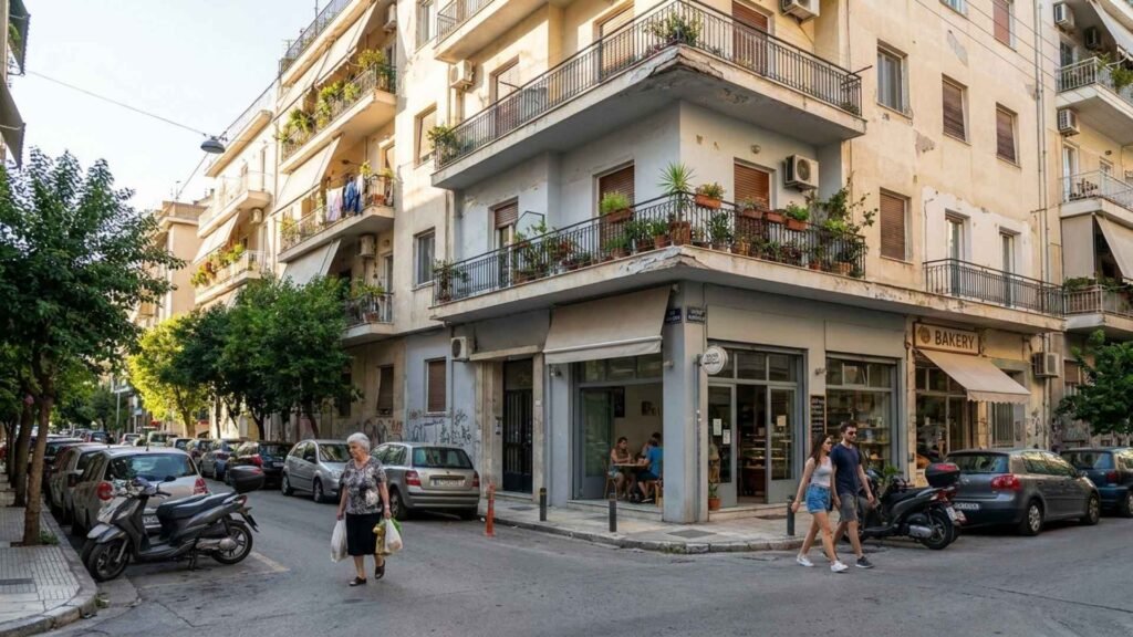 Kypseli neighborhood in Athens showing residential apartment buildings, local businesses, and everyday street life in a budget-friendly district