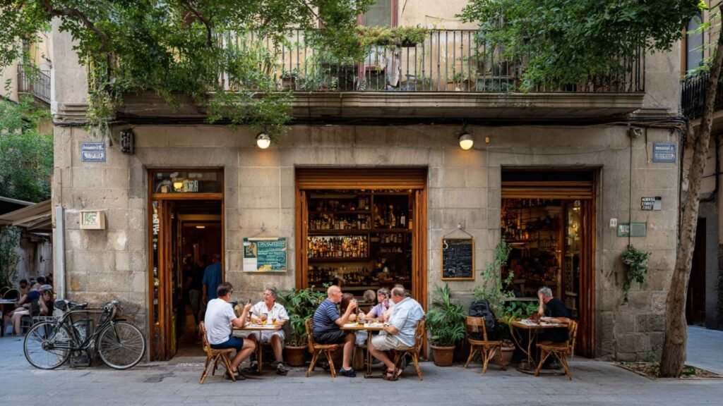 Locals dining outside a traditional neighborhood café in Barcelona during a relaxed afternoon