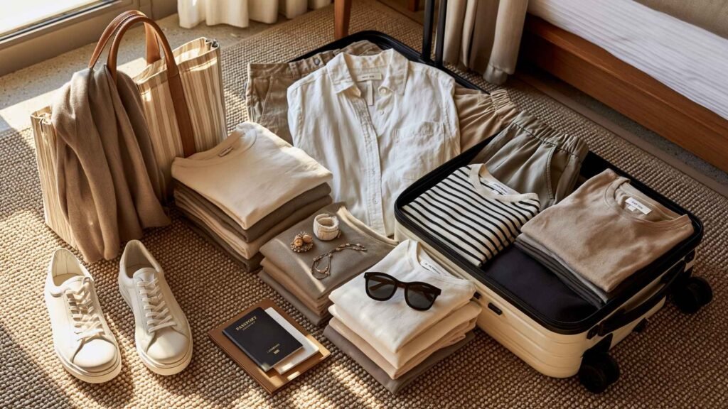 Minimalist 7-day travel capsule wardrobe with neutral clothing, white sneakers, and organized carry-on suitcase for light travel packing