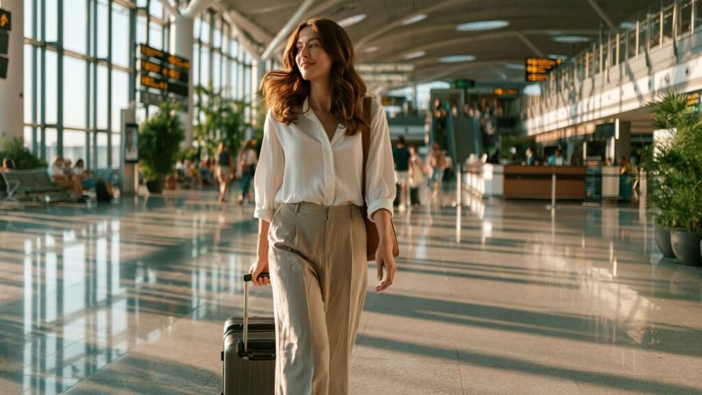 Stylish female traveler wearing a minimalist neutral airport outfit while walking through a modern international airport terminal with a carry-on suitcase