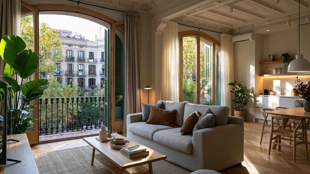 Modern apartment interior with balcony and natural sunlight in a Barcelona residential neighborhood