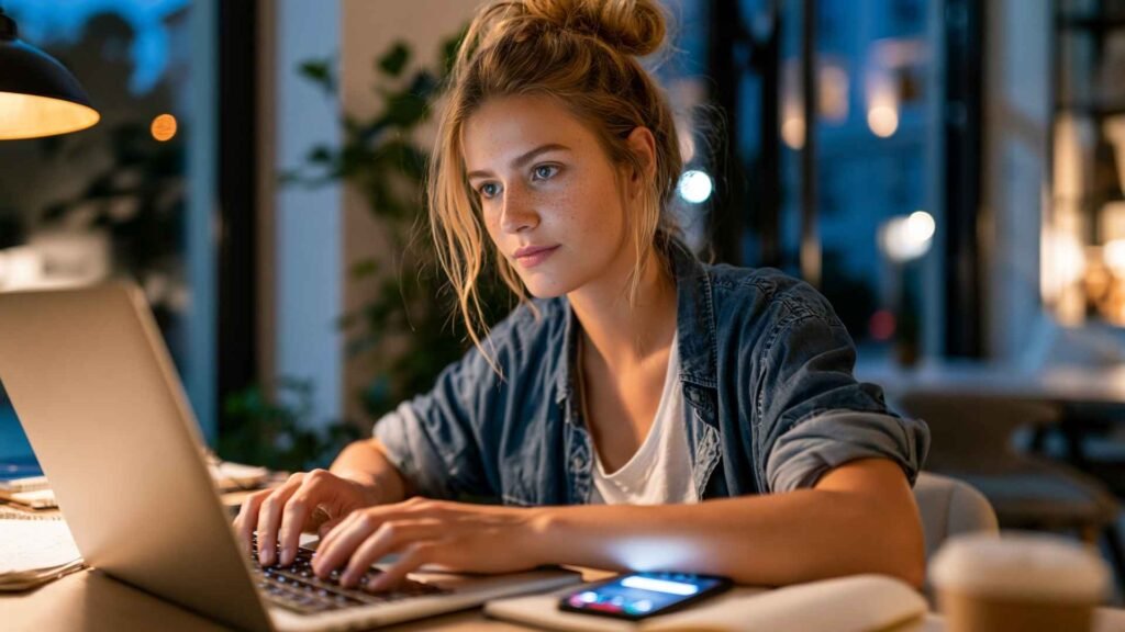 Young woman working late on a laptop while surrounded by digital distractions and screen stimulation