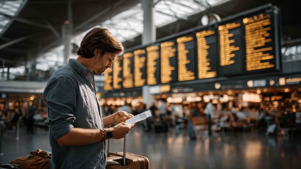 Traveler checking boarding pass inside a European airport terminal before multiple-entry Schengen travel